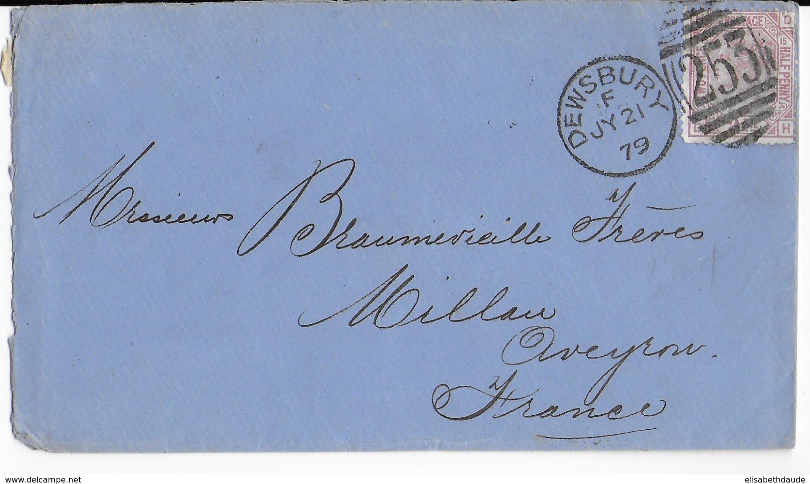 GB - 1879 - YVERT N° 56 PLANCHE 15 Sur ENVELOPPE De DEWSBURY => MILLAU (AVEYRON) - COTE Du TIMBRE = 45 EURO - Marcofilia