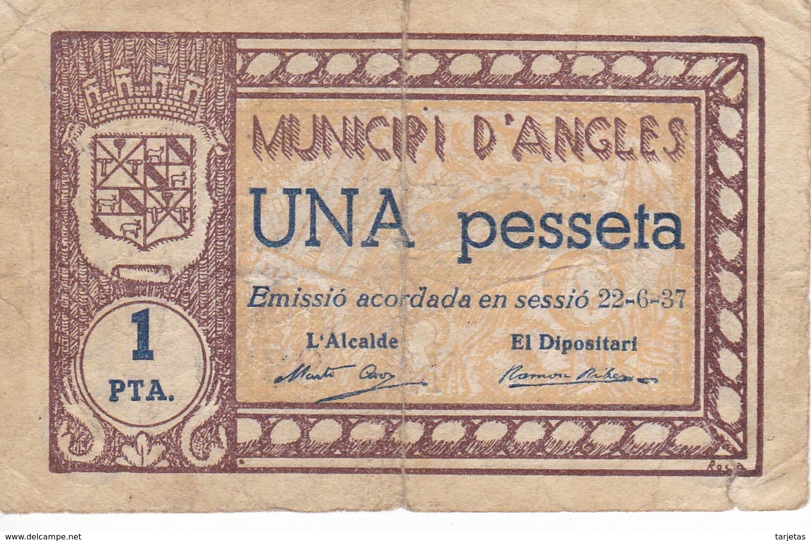 BILLETE DE 1 PTA  DEL MUNICIPI D´ANGLES DEL 22-6-1937 - Otros & Sin Clasificación