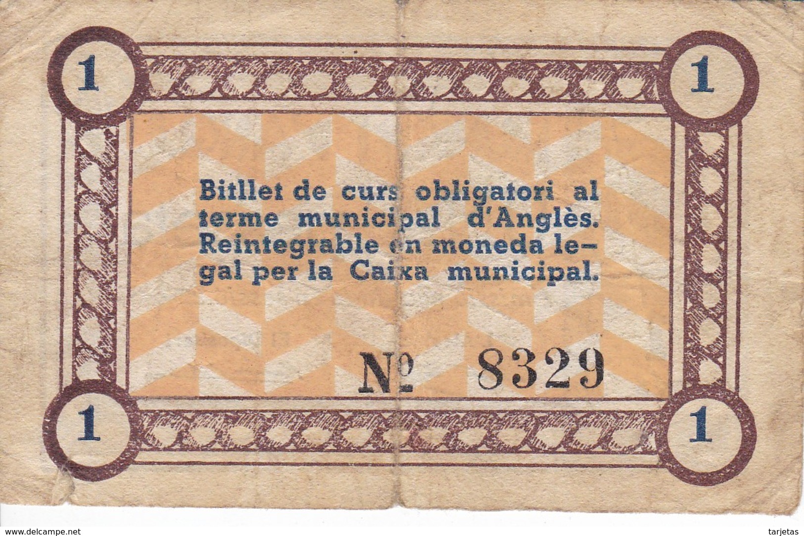 BILLETE DE 1 PTA  DEL MUNICIPI D´ANGLES DEL 22-6-1937 - Otros & Sin Clasificación