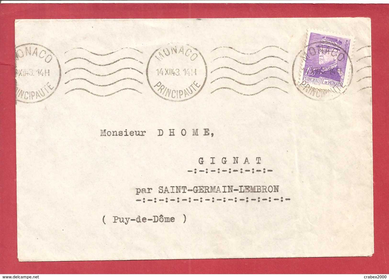 Y&T N°230 MONACO     Vers      FRANCE  1943 - Briefe U. Dokumente