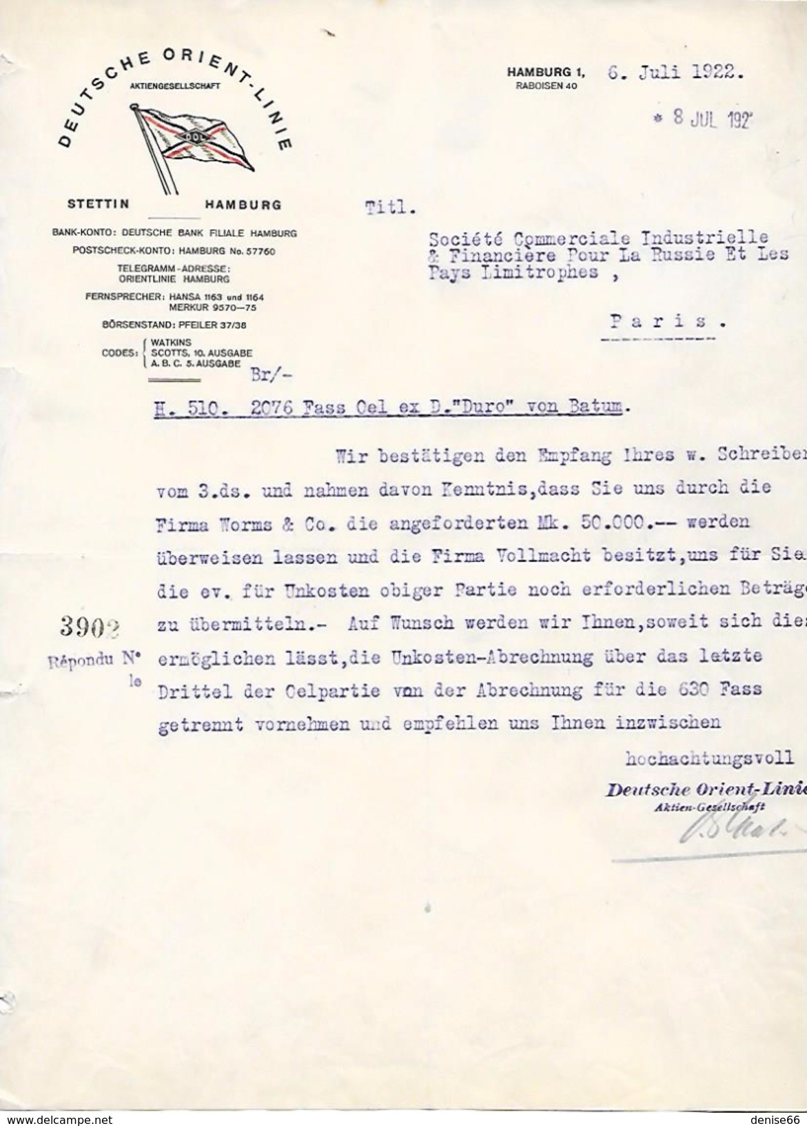 1922 - HAMBURG (Allemagne) - DEUTSCH ORIENT-LINE - Lettre En Allemand Pour LA RUSSIE - - Documentos Históricos