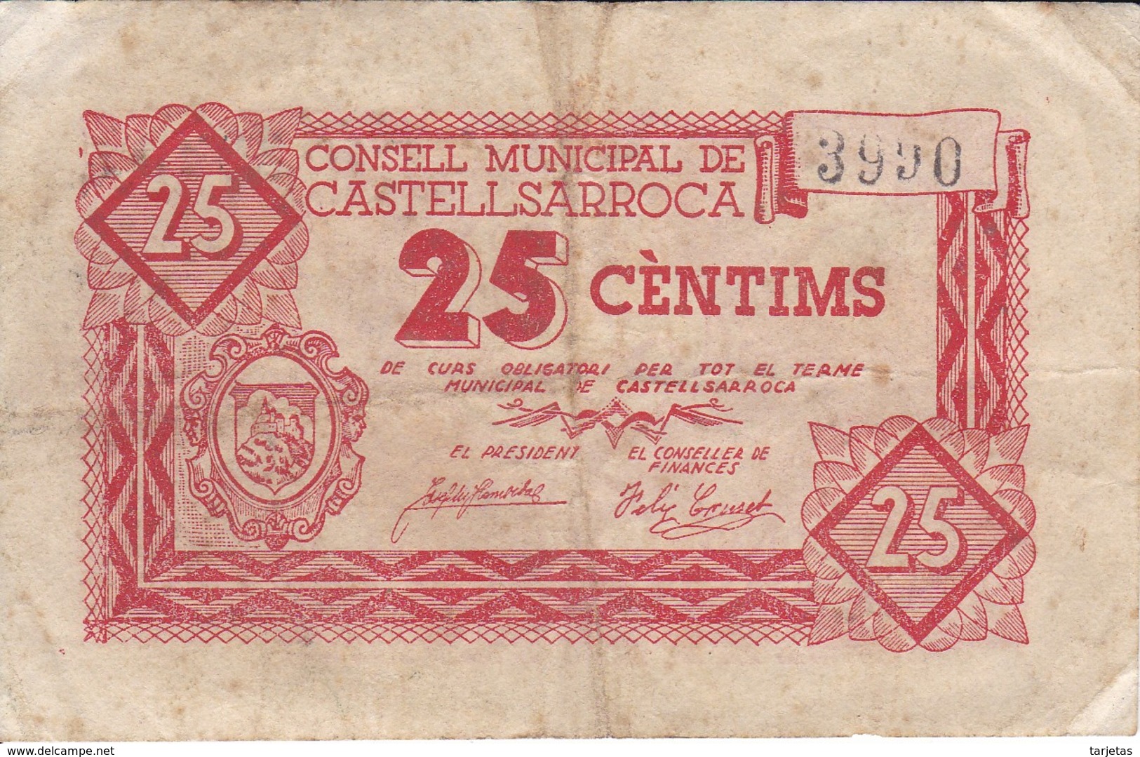 BILLETE DE 25 CTS  DEL CONSELL MUNICIPAL DE CASTELLSARROCA (BANKNOTE) - Otros & Sin Clasificación