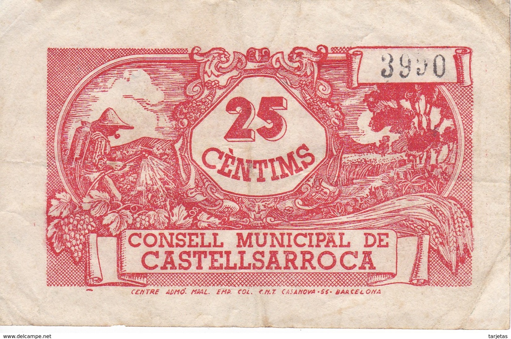 BILLETE DE 25 CTS  DEL CONSELL MUNICIPAL DE CASTELLSARROCA (BANKNOTE) - Otros & Sin Clasificación