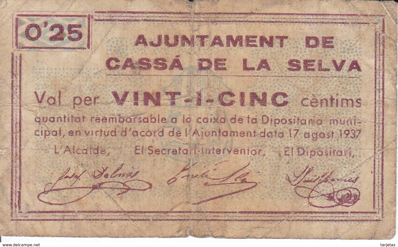 BILLETE DE 25 CTS  DEL AJUNTAMENT DE CASSA DE LA SELVA DEL AÑO 1937 - Otros & Sin Clasificación