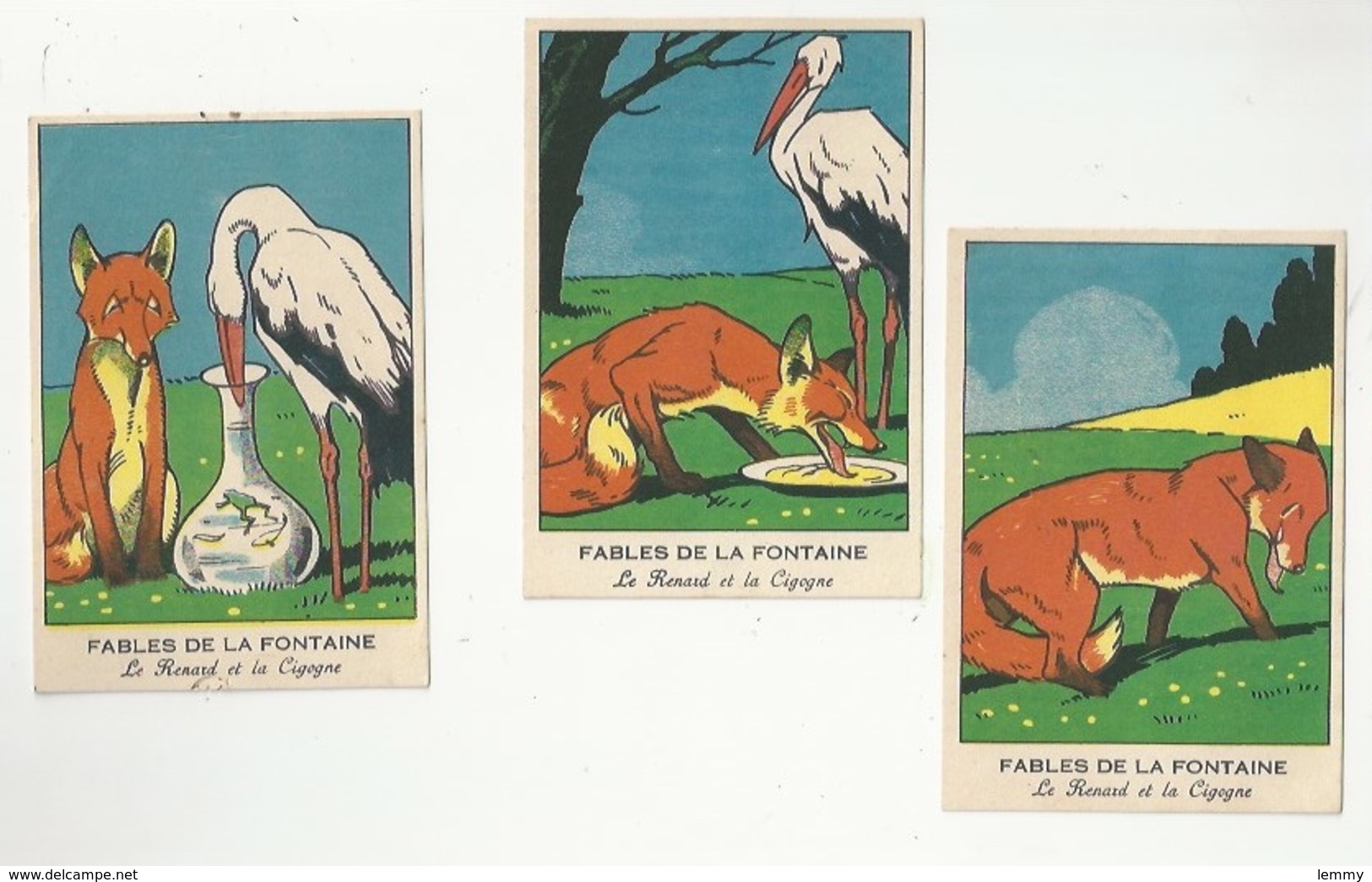 CHROMOS - FABLES DE LA FONTAINE - LOT DE 3 CHROMOS - LE RENARD ET LA CIGOGNE - FORMAT 8.1 X 12 - Autres & Non Classés