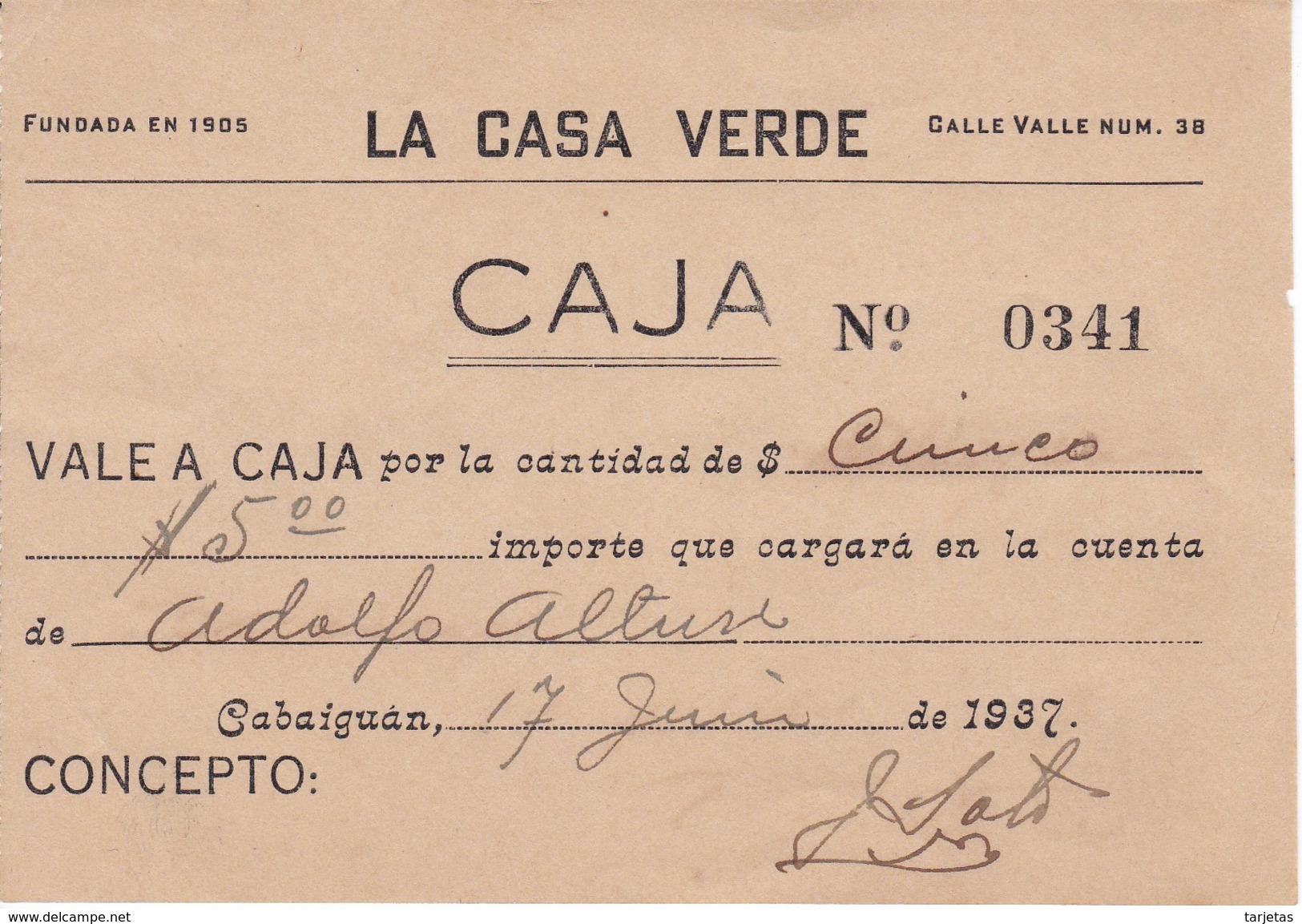 BILLETE-VALE DE $5 DE LA CASA VERDE EN CABAIGUAN DEL AÑO 1937  (BANKNOTE) CUBA, CASA FUNDADA EN 1905 - Cuba