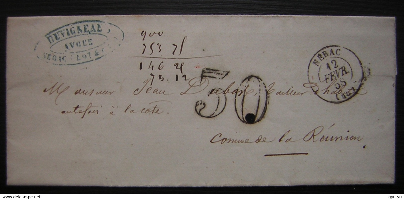 1858 Lettre Taxée De Duvigneau Avoué à Nérac, Pour La Commune De La Réunion (Lot Et Garonne) - 1859-1959 Lettres & Documents