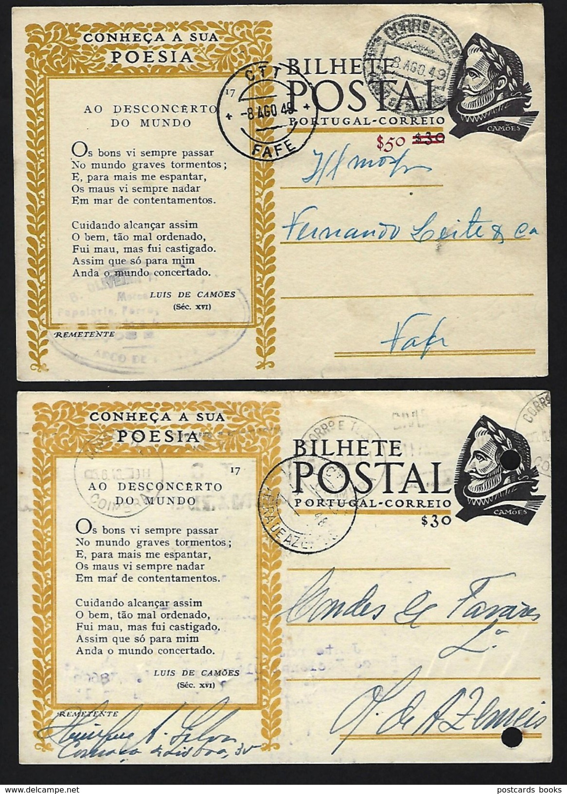 2 X Postais Inteiros. Um Deles Com SOBRETAXA Aumento De Porte  $50 "CONHEÇA A SUA POESIA" PORTUGAL 1940s - Entiers Postaux