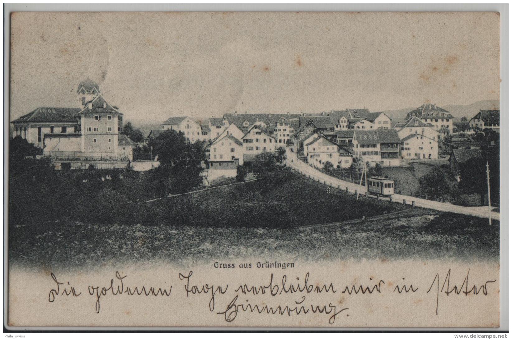 Gruss Aus Grüningen -animee Mit Tram - Photo: Billeter No. 35 - Grüningen