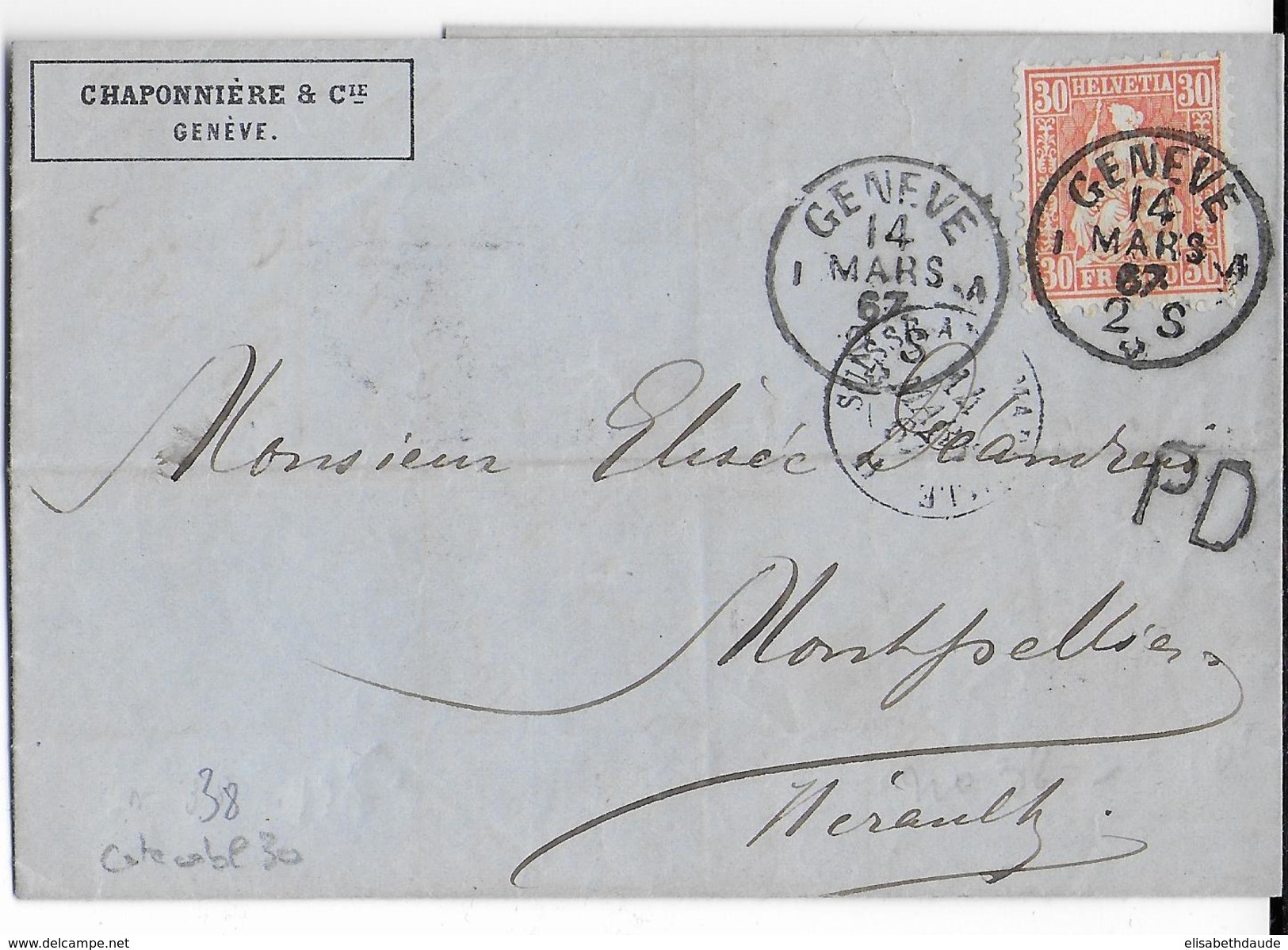 SUISSE - 1867 - ZUMSTEIN N° 33 RARE Sur ENVELOPPE De GENEVE => MONTPELLIER (HERAULT) - Cartas & Documentos