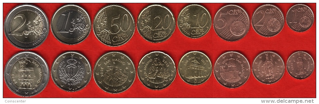 San Marino Euro Full Set (8 Coins): 1 Cent - 2 Euro 2006-2014 UNC - San Marino