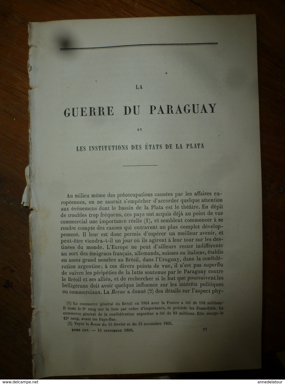 1866 : La Guerre Du PARAGUAY Et Les Institutions Des états De La PLATA (38 Pages) , Signé :P. Duchesne De Bellecourt - Non Classés