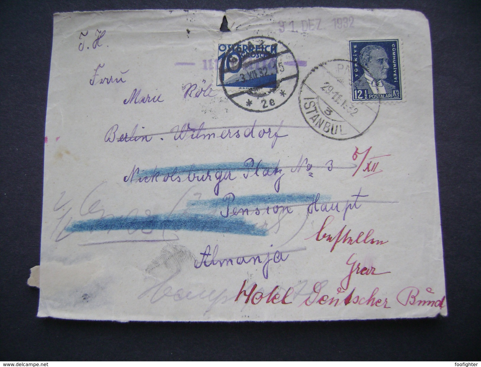 Front Side From Cover Only:1932 Istanbul To Berlin Germany, Atatürk 12.5 K, Forwarded To Graz Austria, Postage Due 10Gr. - Lettres & Documents