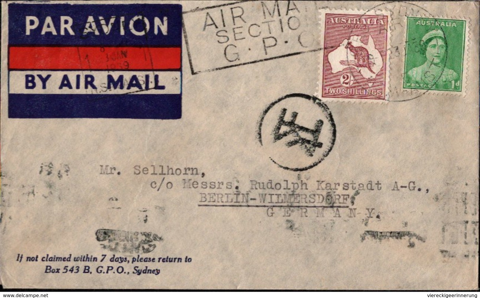 ! Luftpost Sydney, Par Avion, Australien, Australia, Air Mail Cover Via Greece To Berlin, Kangaroo 2 Shilling Stamp - Covers & Documents