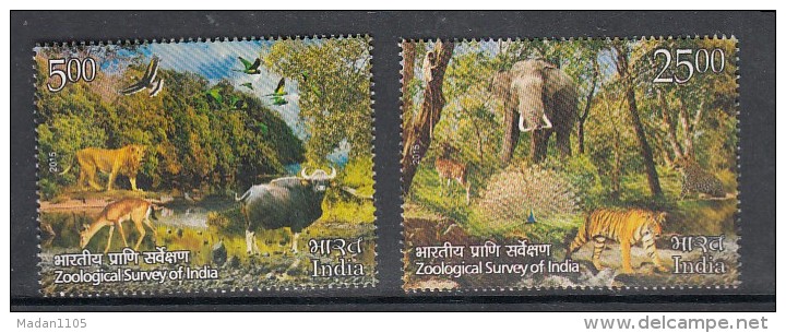 INDIA, 2015,  Centenary Of Zoological Survey Of India,  Elephant, Tiger, Deer, Set 2 V, MNH, (**) - Nuovi