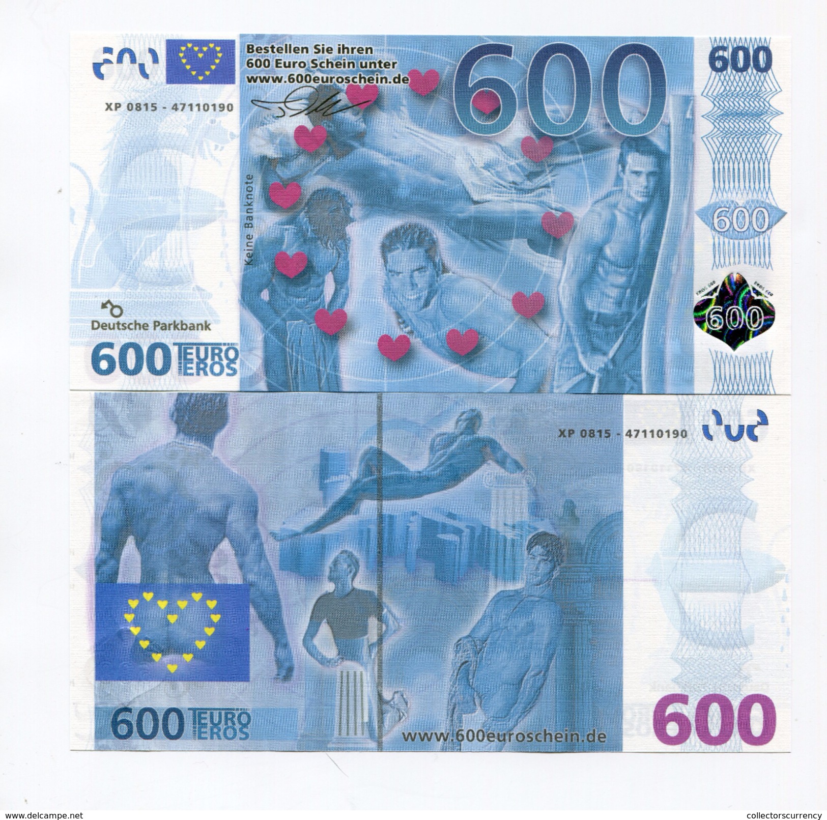 600 Eros/Euros German NOVELTY Joke Money ! NOT REAL MONEY - In Un-Circulated Condition - SUPER RARE EROTIC NOTE - [17] Vals & Specimens