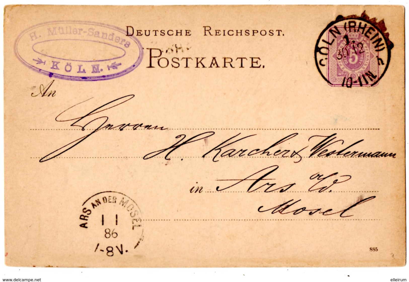 ALLEMAGNE. COLN ( RHEIN ) Sur ENTIER Pour ARS AN DER MOSEL. ALSACE MOSELLE. 1886. - Cartas & Documentos