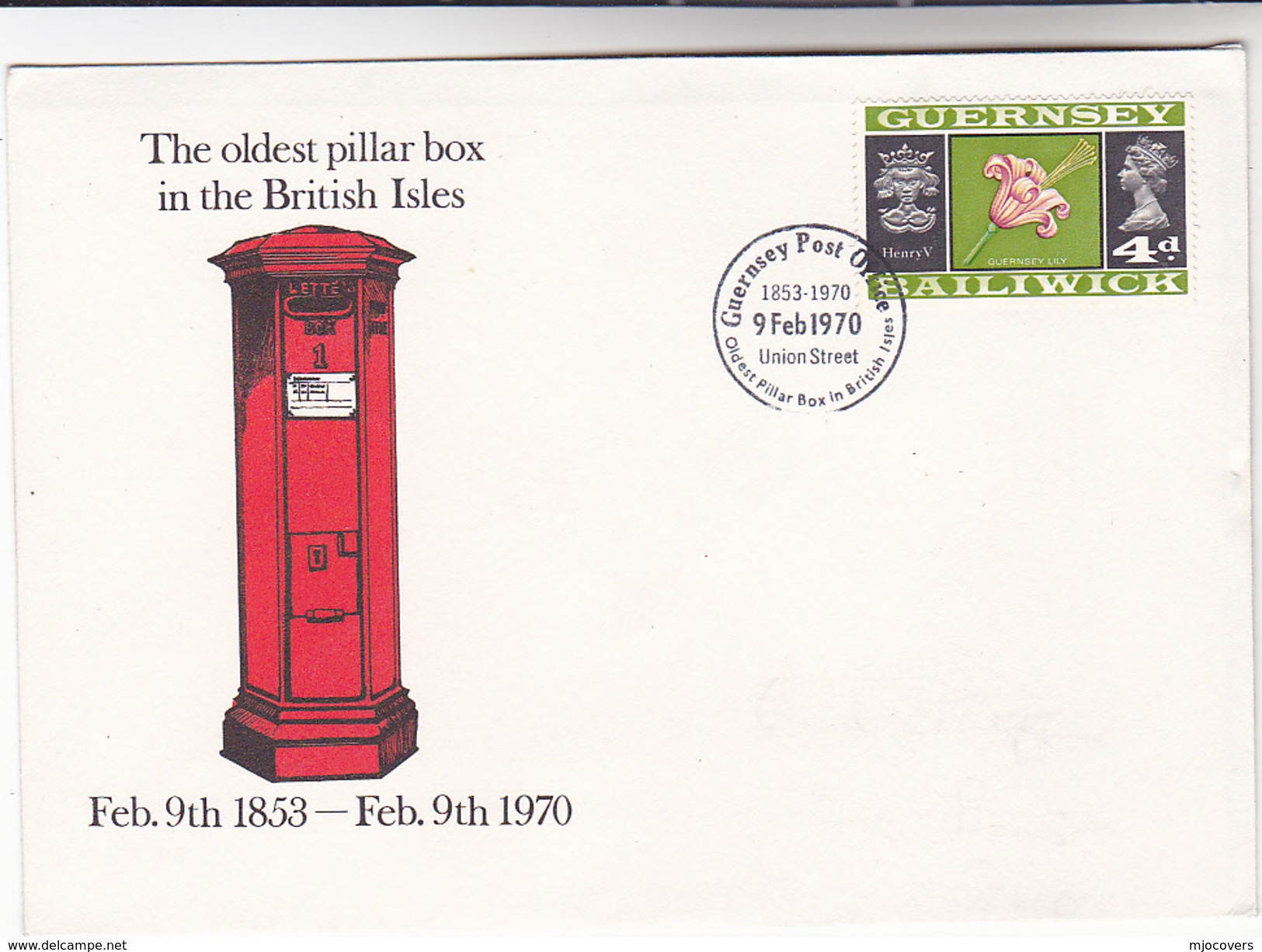 1970 GUERNSEY EVENT COVER  The OLDEST BRITISH PILLAR BOX  Union Street , Postbox,  Stamps - Post