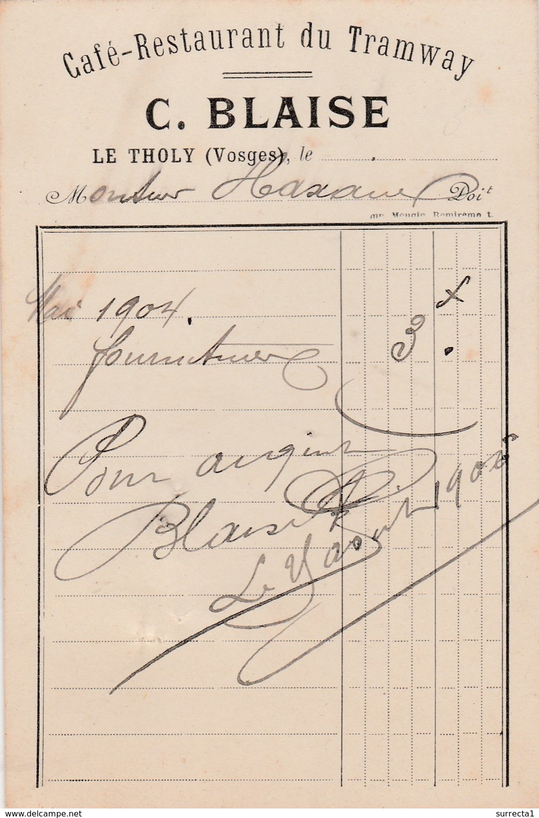 Carte Commerciale 1904 C. BLAISE / Café Restaurant Du Tramway / 88 Le Tholy / Vosges - Autres & Non Classés