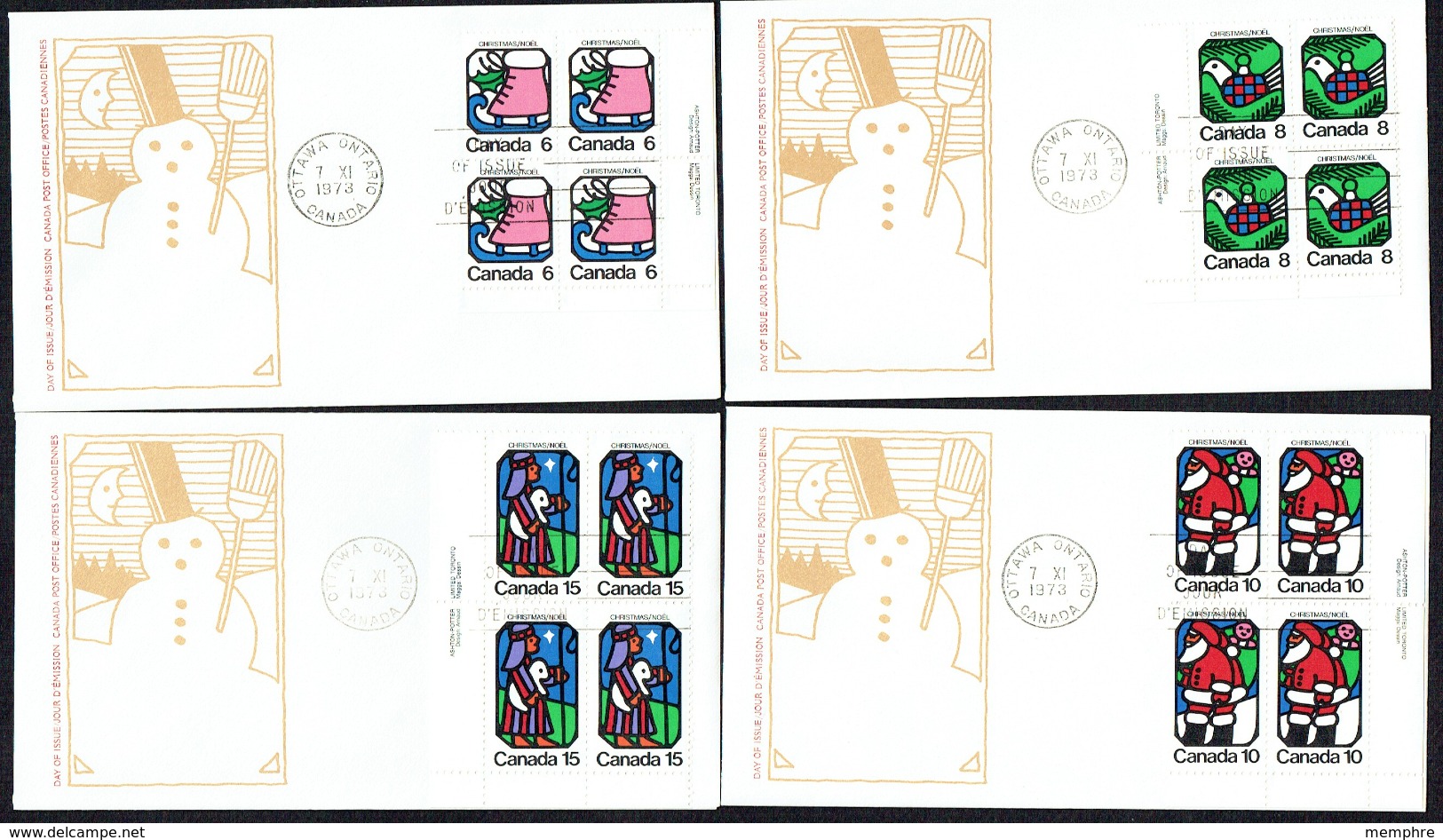 1973  Christmas Issue  Sc 625-8  UR Plate Blocks  Official FDCs - 1971-1980