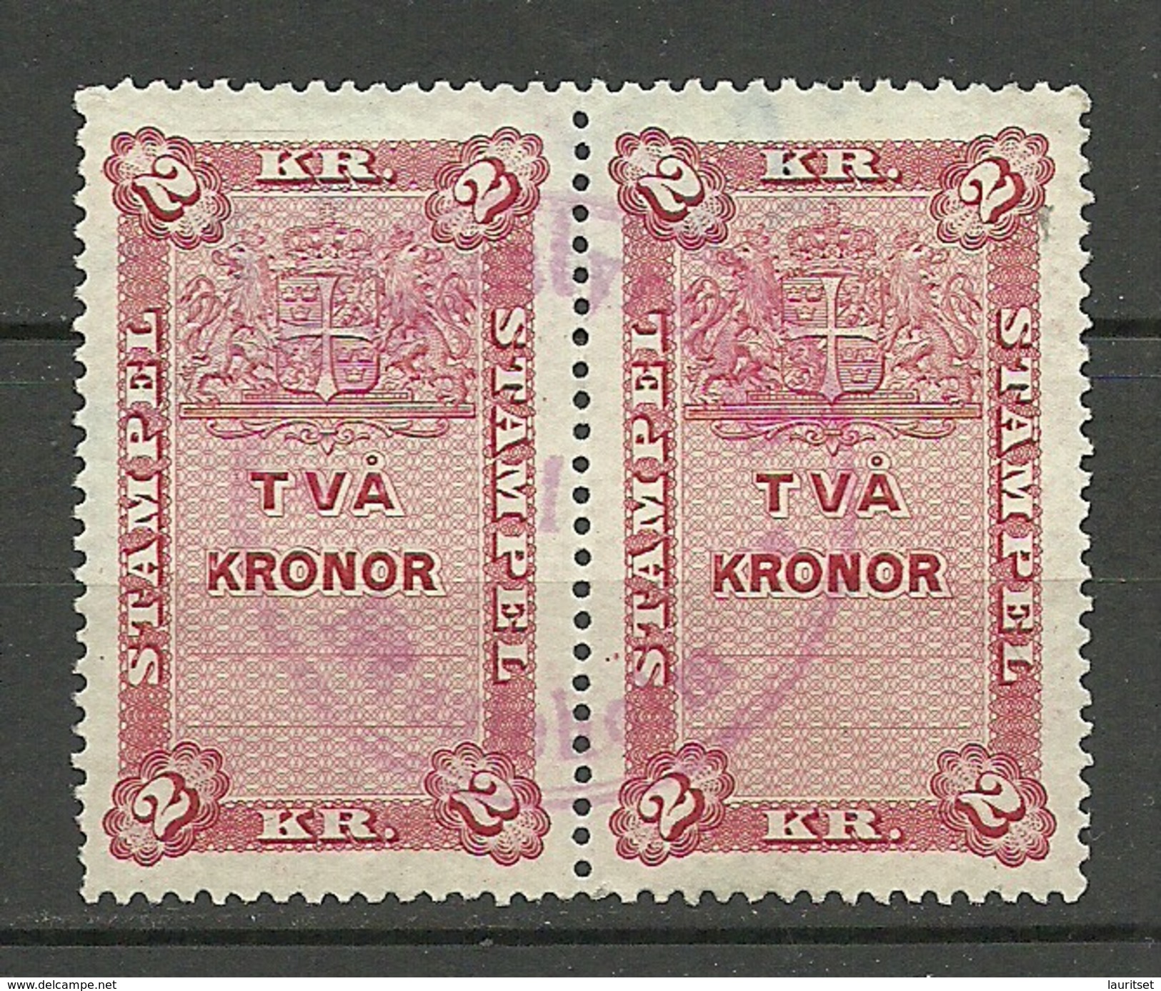 SCHWEDEN Sweden Stempelmarke 2 Kr In Pair O - Steuermarken
