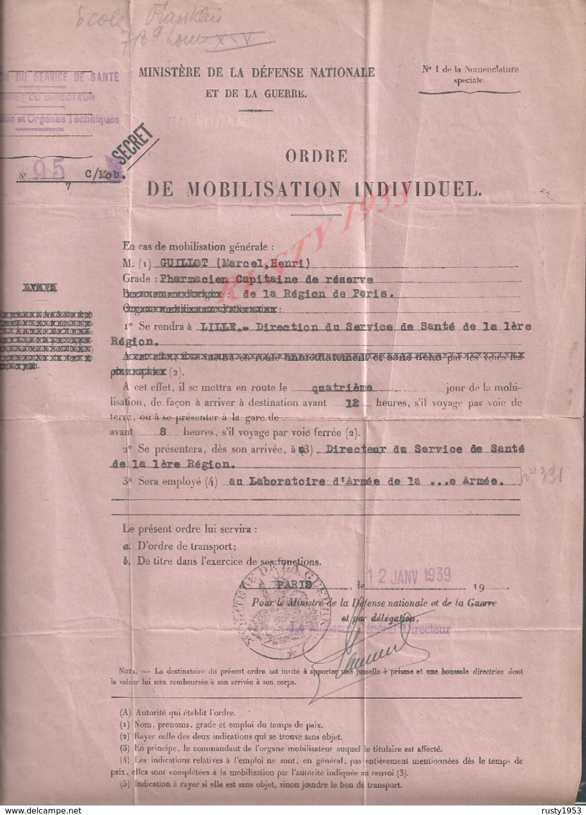 MILITARIA DOCUMENT MILITAIRE ORDRE DE MOBILISATION INDIVIDUEL DE GUILLOT ( MARCEL HENRI ) PARIS 1939 : - 1939-45