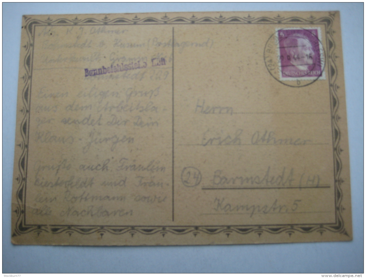 1944 , HUSUM , Karte Mit Stempel : Bannbefehlsstelle, Klarer Stempel Auf Karte - Briefe U. Dokumente