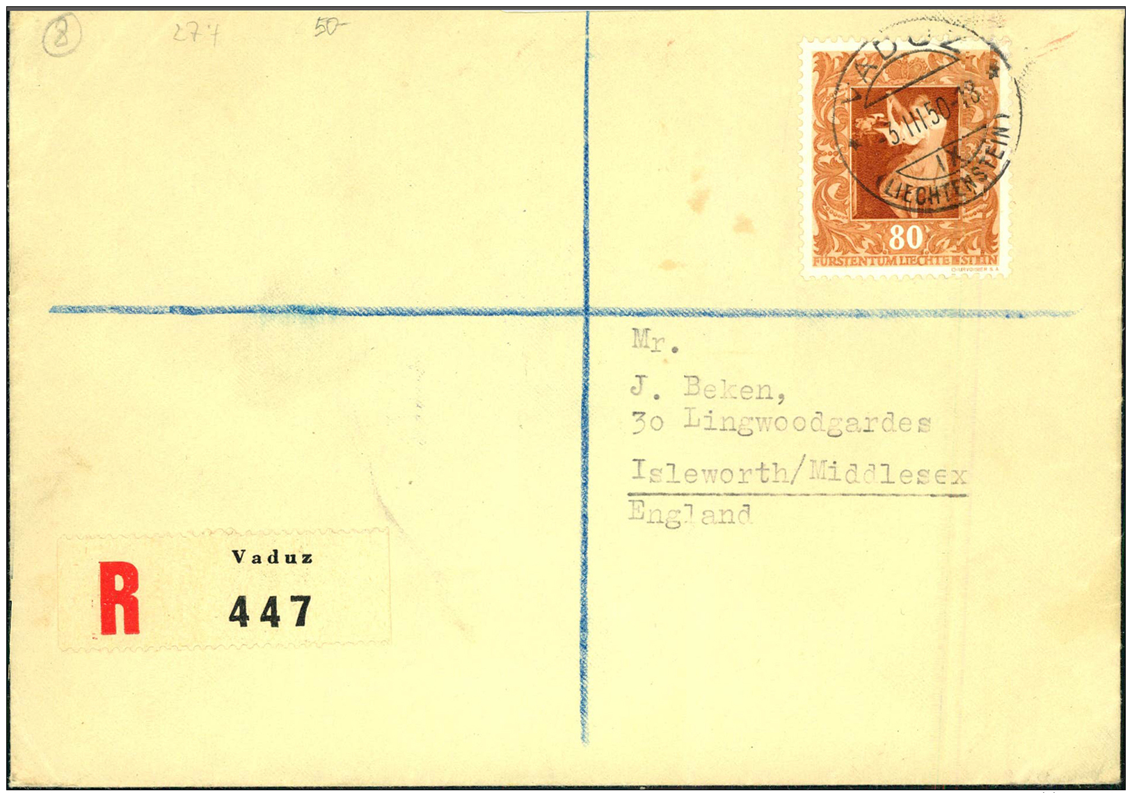 1950, 80 Rp. Gem&auml;lde I Auf R-Brief (blau Durchkreuzt, Wie In GB Bei R-Briefen &uuml;blich) Von Vaduz Nach... - Sonstige & Ohne Zuordnung