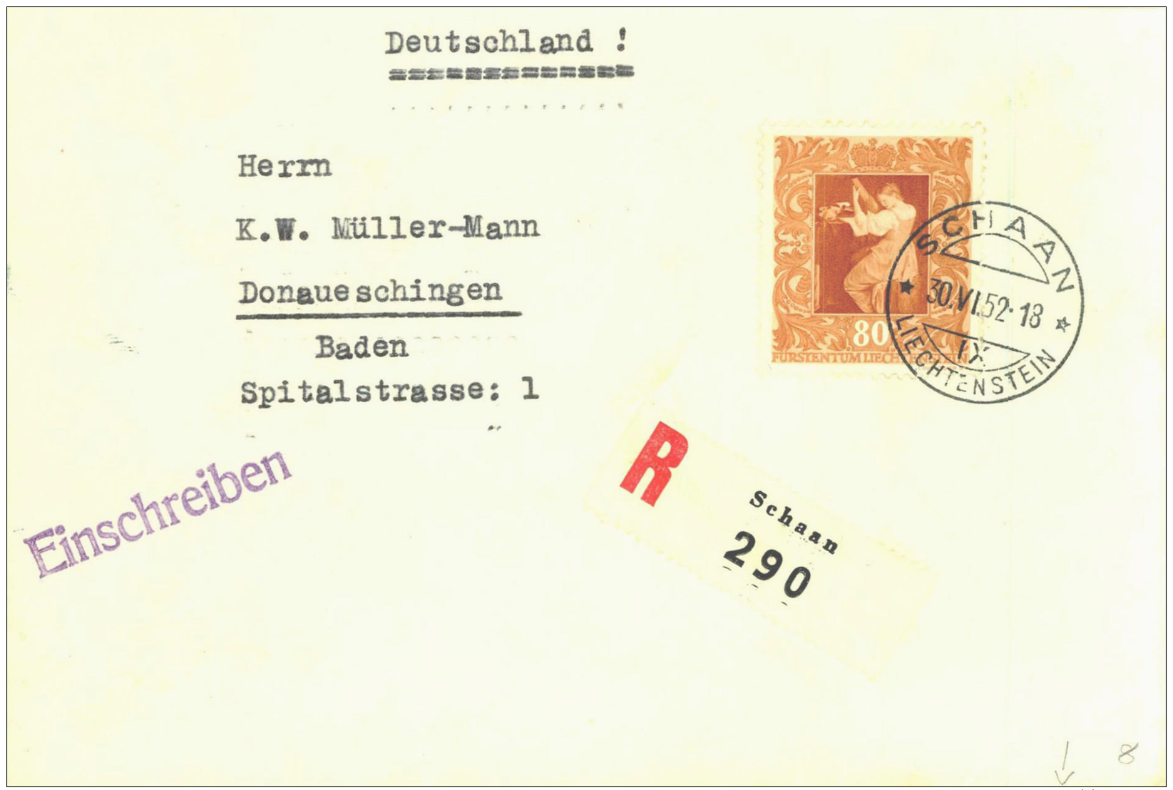 1952, 80 Rp. Gem&auml;lde I Als EF Auf R-Brief Von Schaan Mit Zollamtl.-Devisenzensurstreifen Nach Donaueschingen... - Other & Unclassified