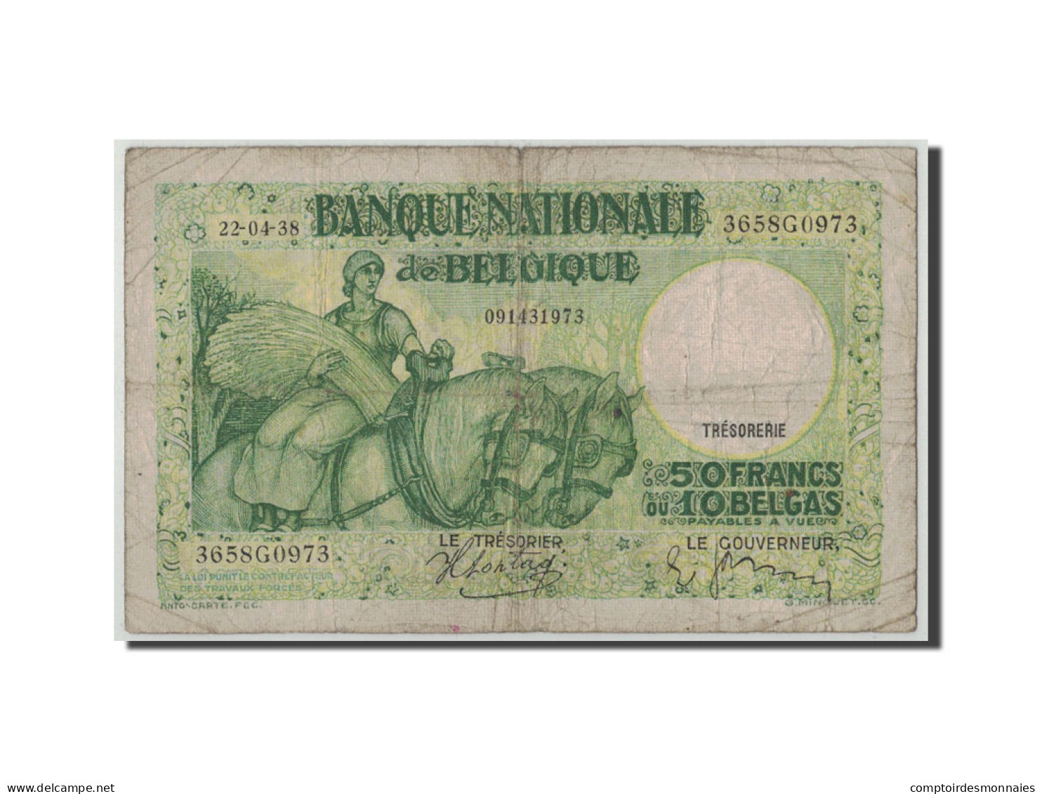Billet, Belgique, 50 Francs-10 Belgas, 1938, 1938-04-22, KM:106, B - 50 Francos