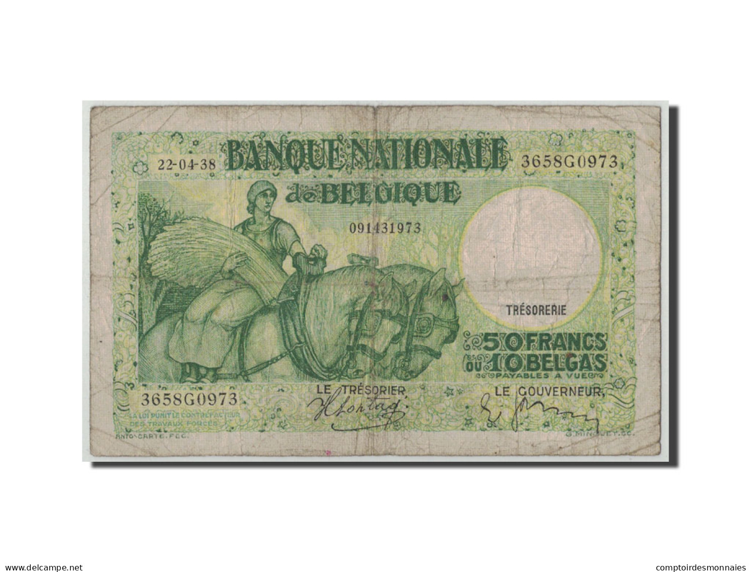 Billet, Belgique, 50 Francs-10 Belgas, 1938, 1938-04-22, KM:106, B - 50 Franchi