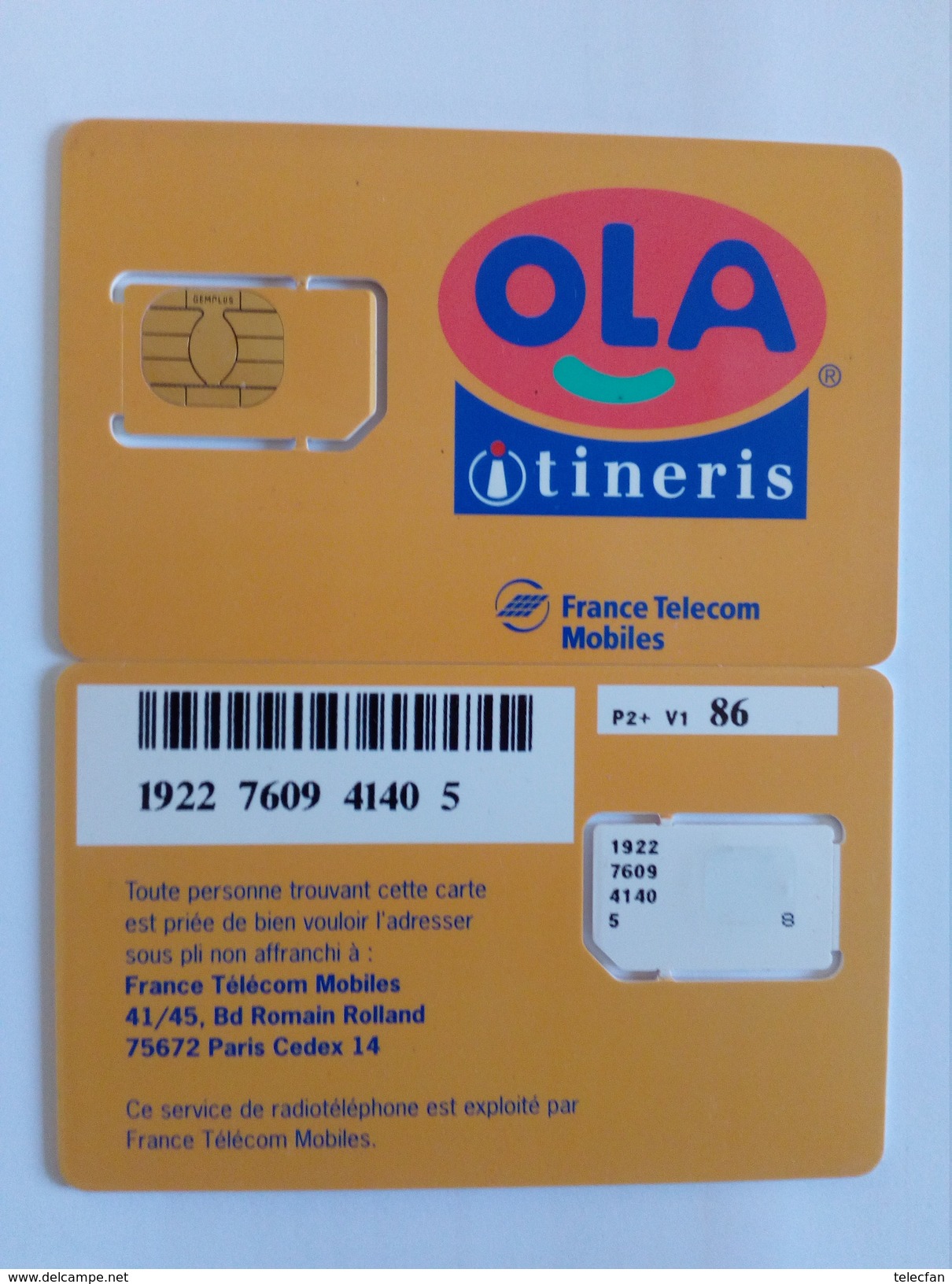 FRANCE CARTE MERE GSM OLA ITINERIS GEMPLUS NEUVE MINT VERSO P2+V1 PETIT 86 - Nachladekarten (Handy/SIM)