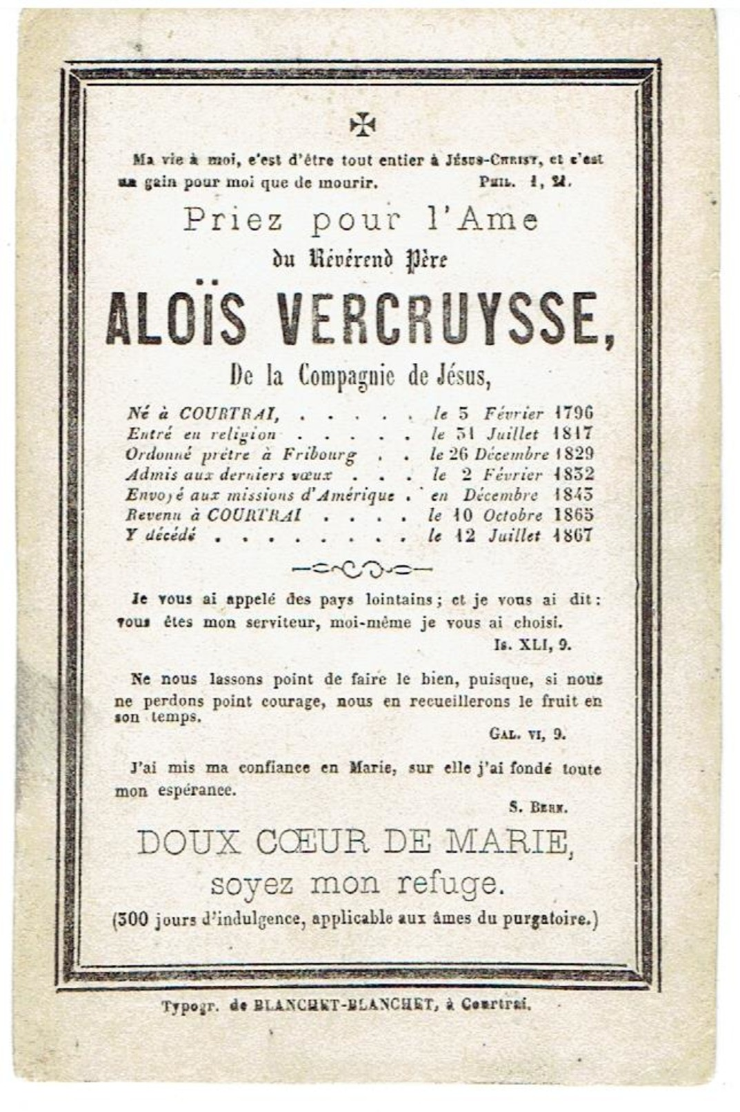 Doodsprentje - Père  ALOÏS VERCRUYSSE - Courtrai 1796 -1867 - Prètre à Fribourg - Missions Amérique - Revenue à Courtrai - Avvisi Di Necrologio