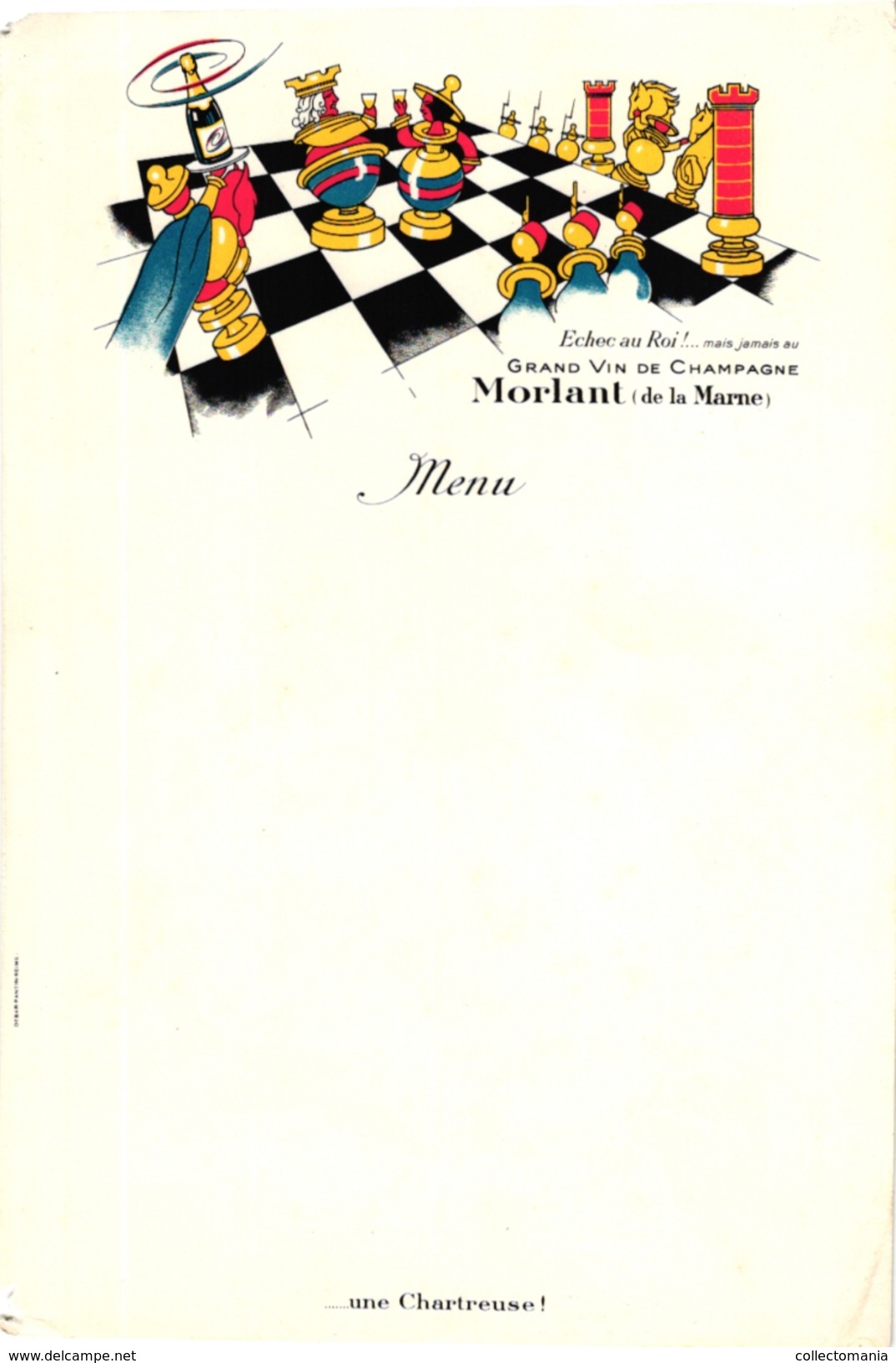 1 MENU  Card  CHESS ECHECS  SCHACH   Carte Menu Pub  Champagne Morlant  De La Marne  Echec Au Roi! - Echecs