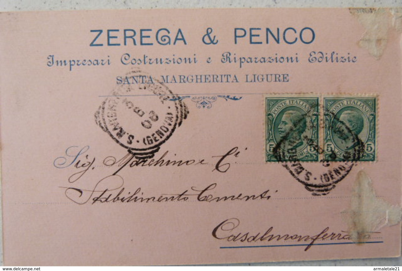 SANTA MARGHERITA LIGURE - ZEREGA & PENCO IMPRESARI COSTRUZIONI E RIPARAZIONI EDILIZIE - TESTATINA PUBBLICITARIA 1908 - Genova (Genua)