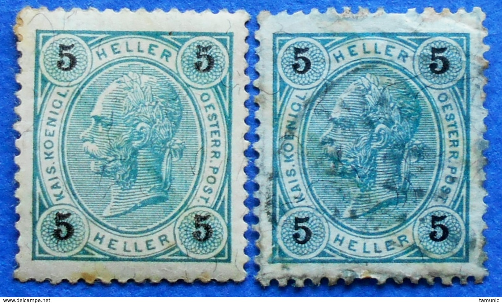 AUSTRIA 2 X 5 H.1899 Mic.72 A Perf.13:13 1/2 KAISER FRANZ JOSEPH (DIFFERENT COLOURS) - USED - Gebraucht