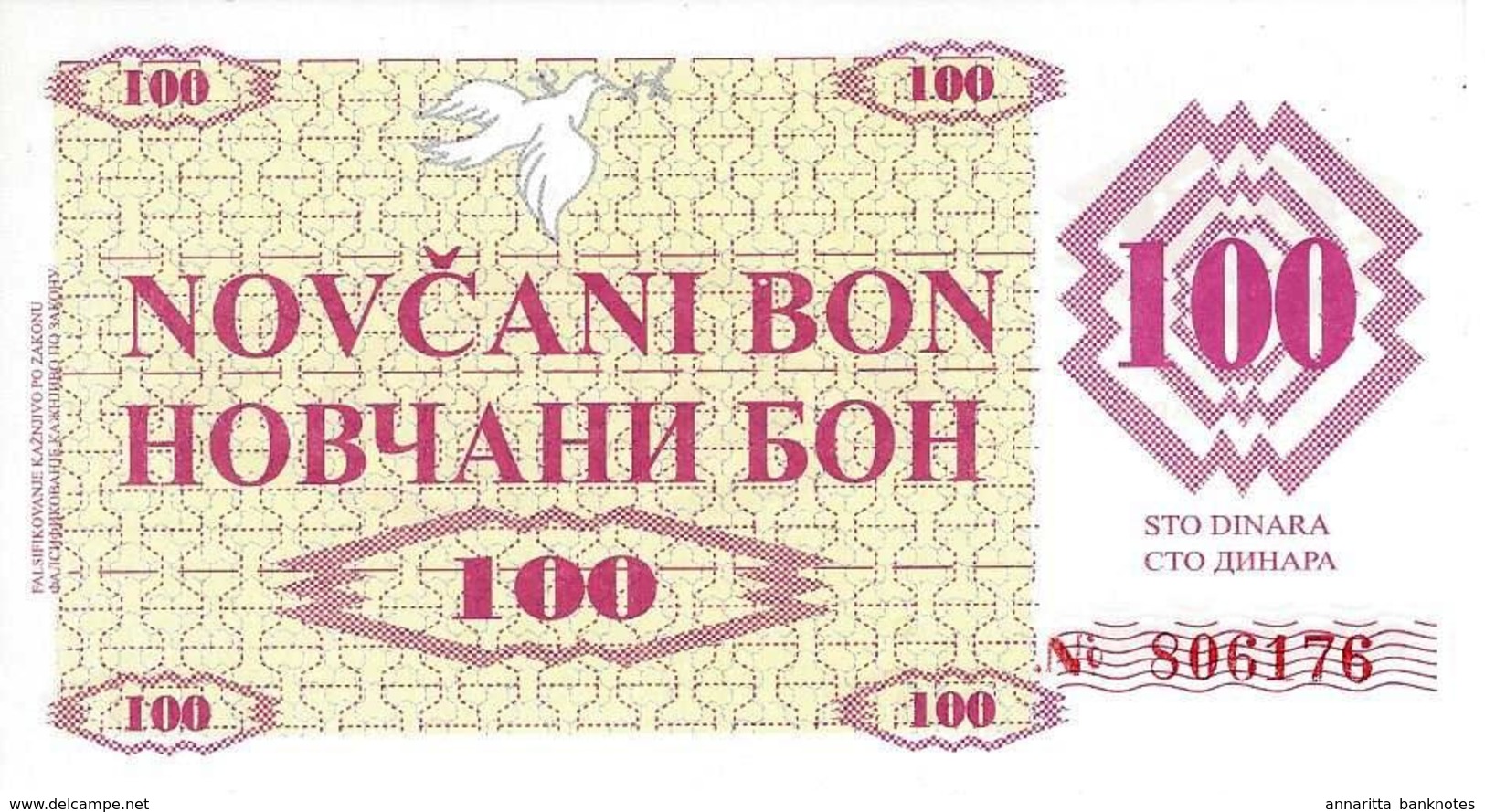 BOSNIA & HERZEGOVINA 100 DINARA 1992 P-6r UNC  [BA006r] - Bosnia And Herzegovina