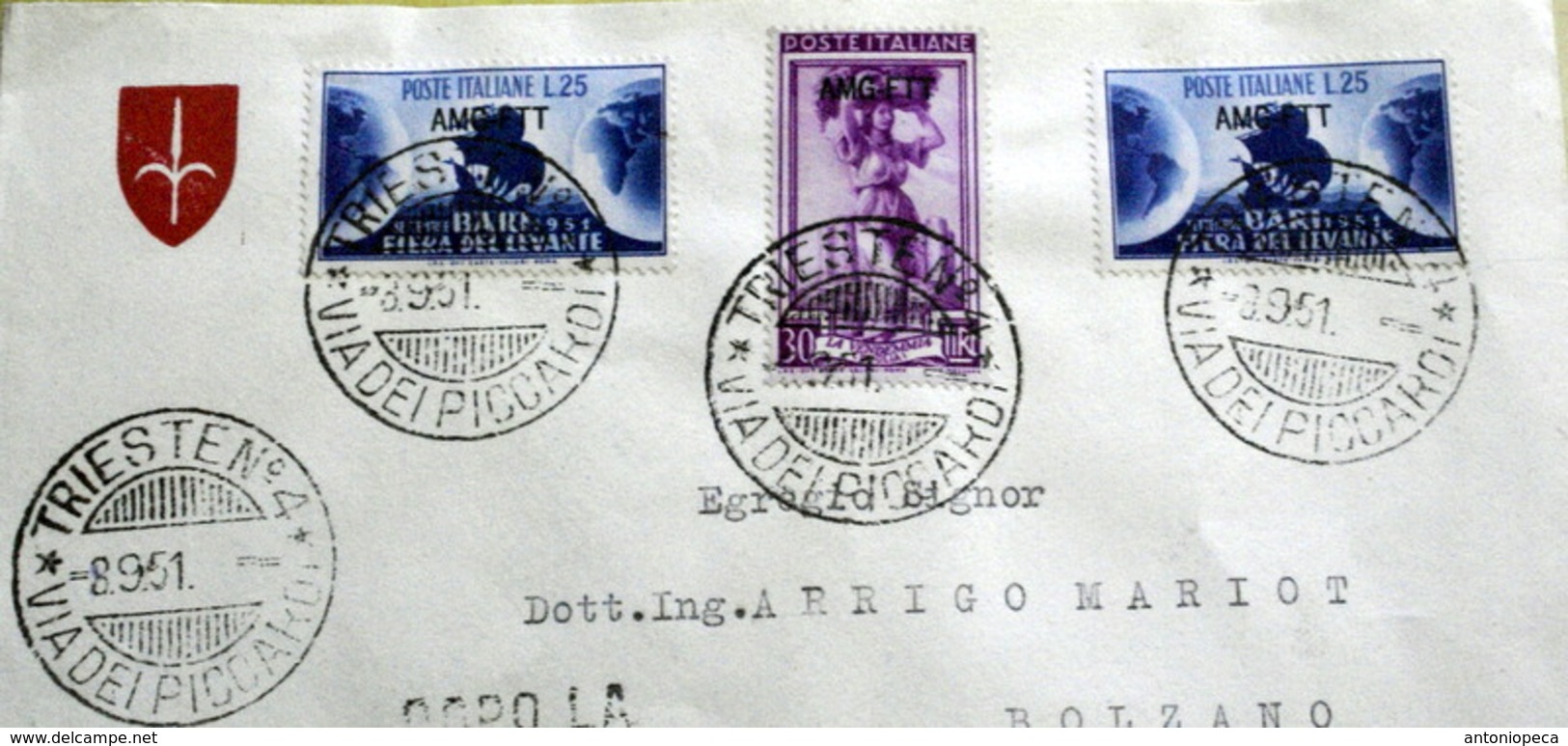 ITALIA , TRIESTE ZONA A, 1951, FIERA DI BARI  SU BUSTA RACCOMANDATA VIAGGIATA - Poststempel