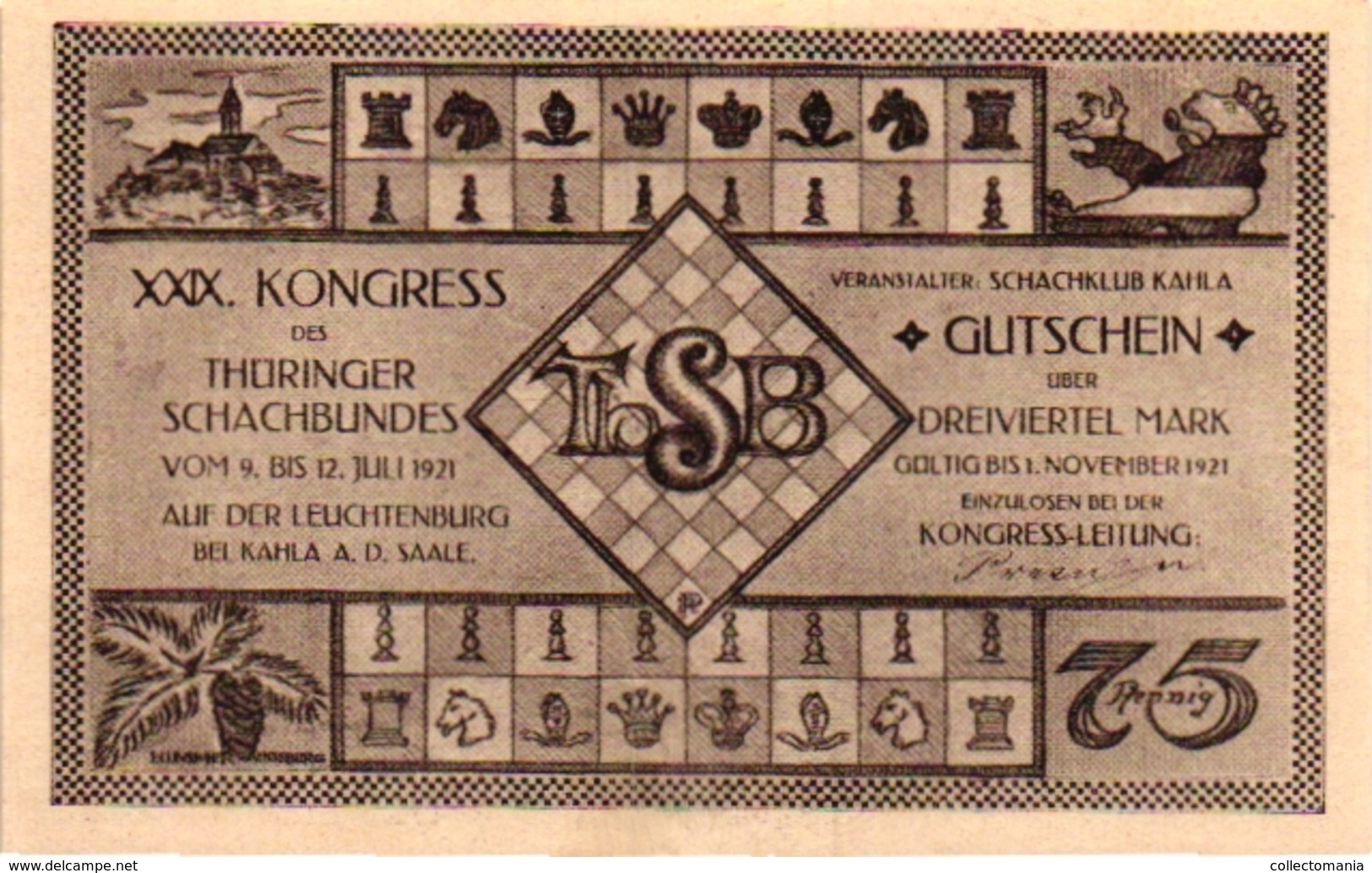 6 NOTGELD  CHESS ECHEC SCHACH  Die Welt-Schach -Partie Kongress Gutschein 1921 - Chess