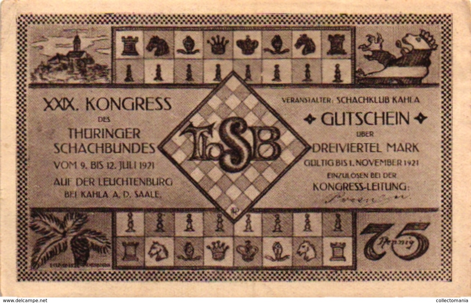 6 NOTGELD  CHESS ECHEC SCHACH  Die Welt-Schach -Partie Kongress Gutschein 1921