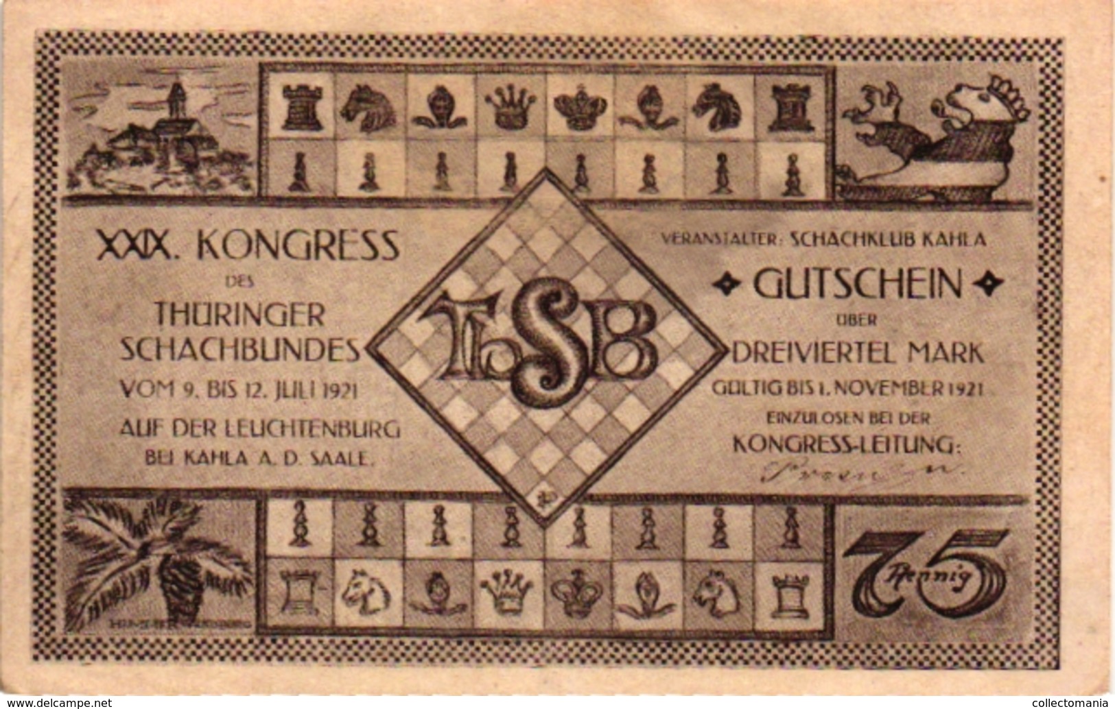 6 NOTGELD  CHESS ECHEC SCHACH  Die Welt-Schach -Partie Kongress Gutschein 1921
