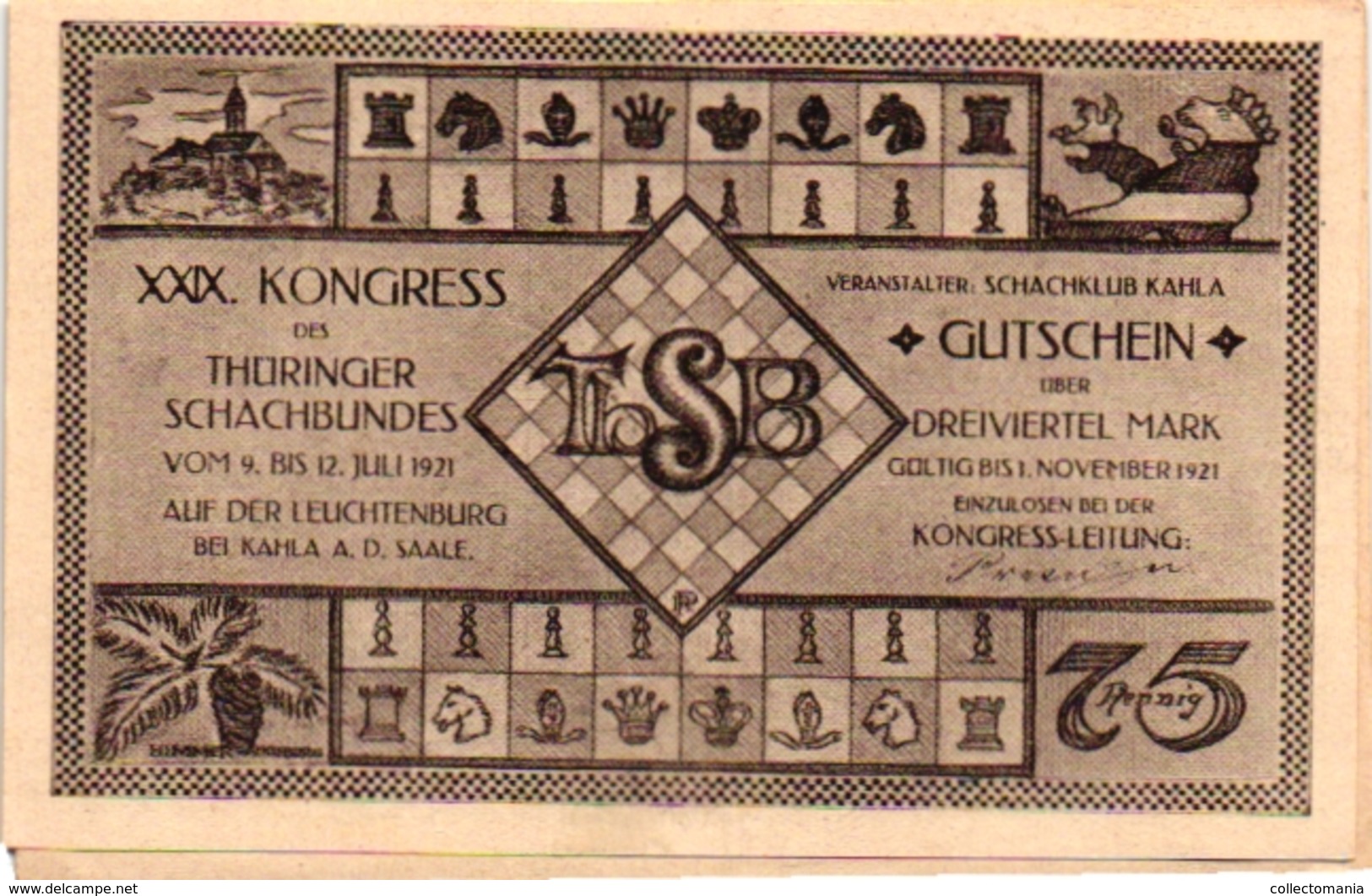 6 NOTGELD  CHESS ECHEC SCHACH  Die Welt-Schach -Partie Kongress Gutschein 1921