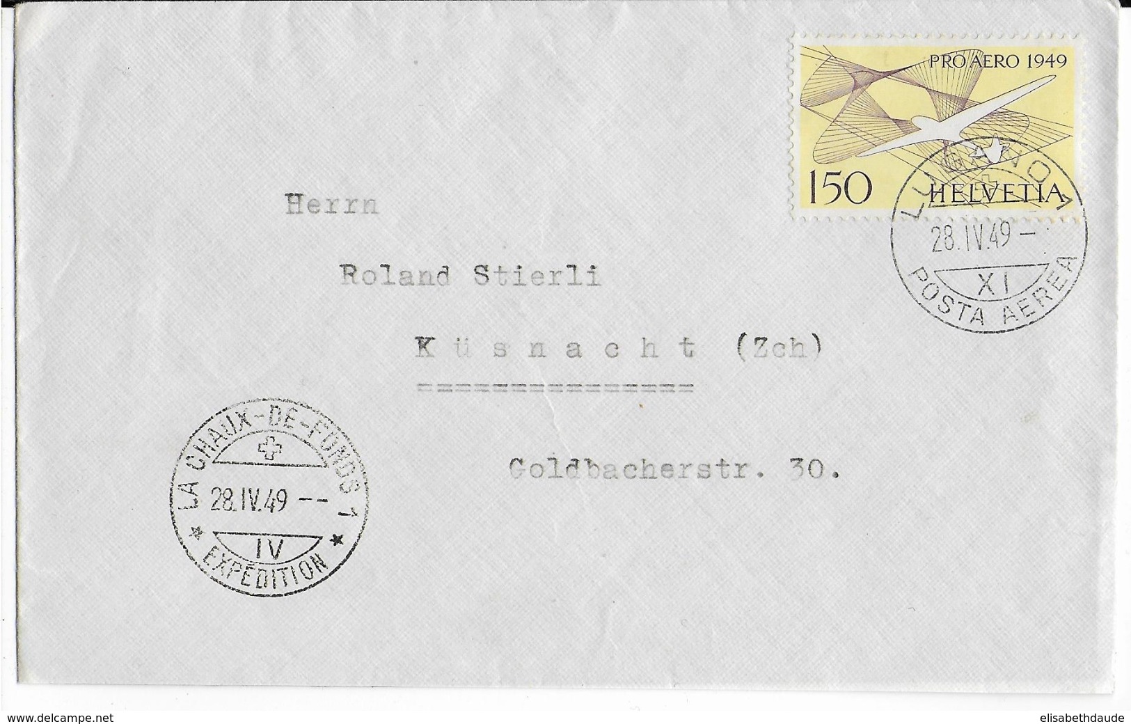 SUISSE - 1949 - POSTE AERIENNE ZUMSTEIN N° 45 OBLIERATION FDC Sur ENVELOPPE De LUGANO  (VOL => LA CHAUX DE FONDS) - Altri & Non Classificati