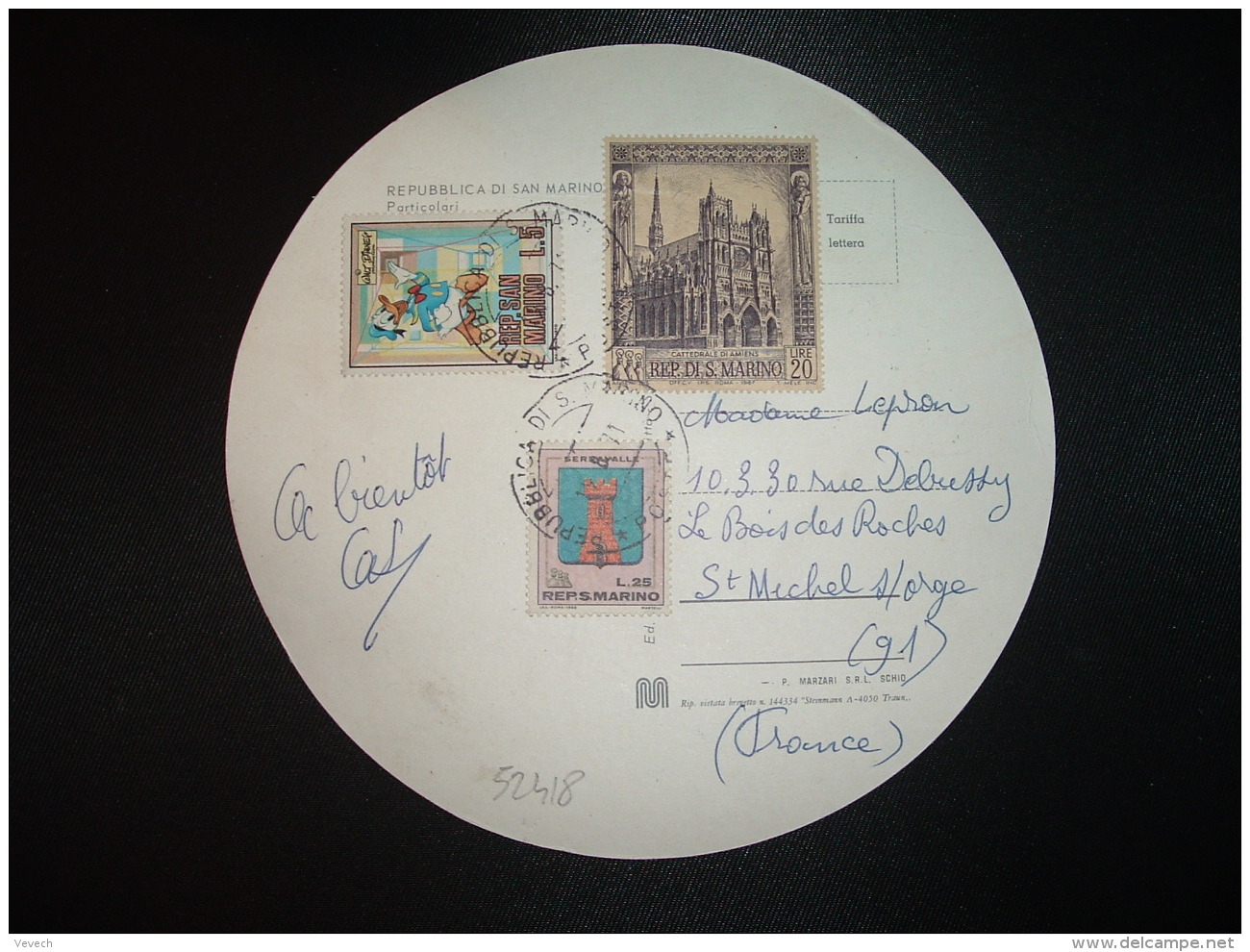 CP Ronde Pour La FRANCE TP SERRAVALLE 25L + TP CATTEDRALE DI AMIENS 20L + TP DONALD 5L OBL.19 8 71 - Lettres & Documents