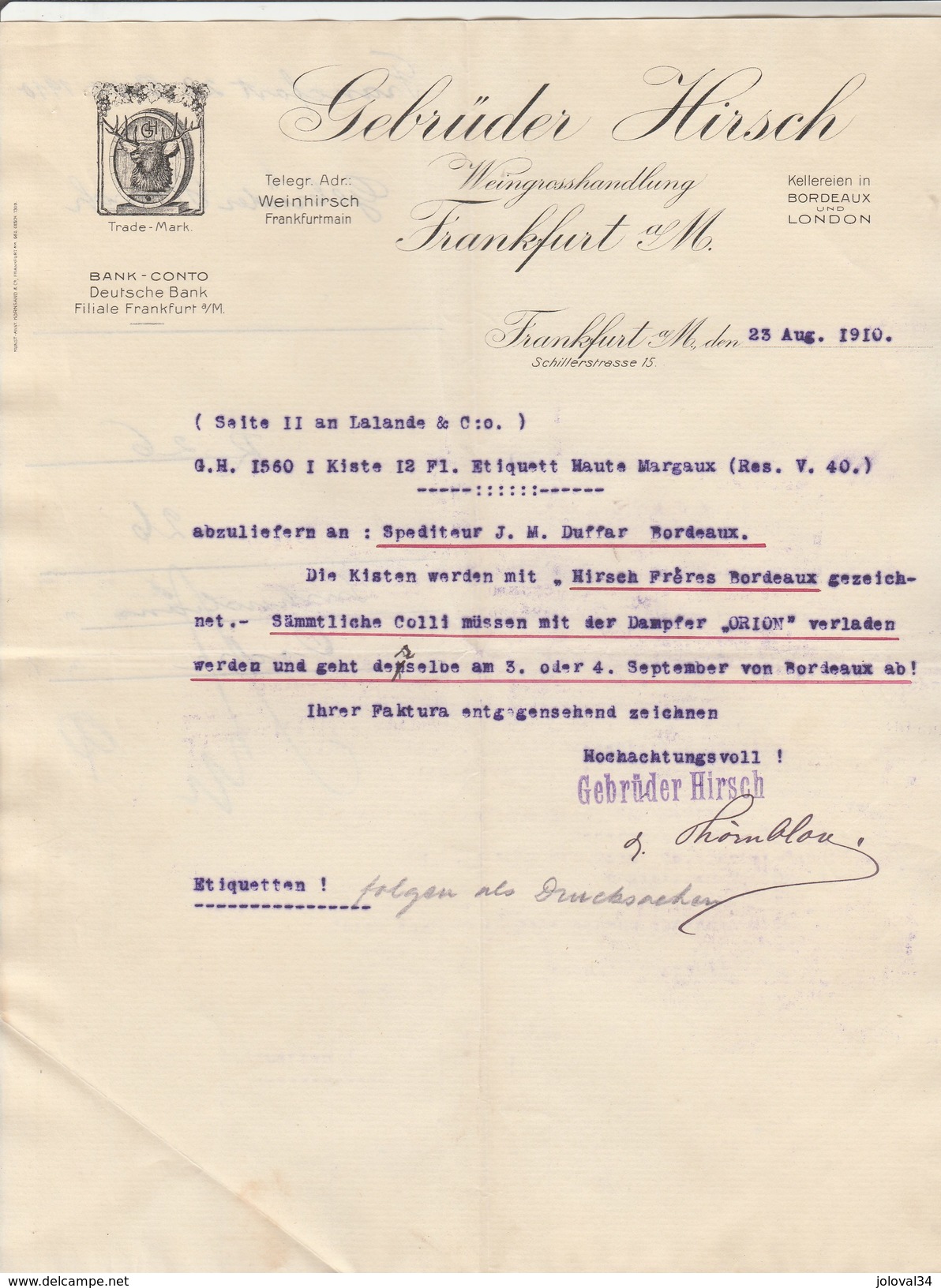 Lettre Illustrée Tête De Cerf 23/8/1910 GEBRÜDER HIRSCH  FRANKFURT Am Main Allemagne - Vin - 1900 – 1949