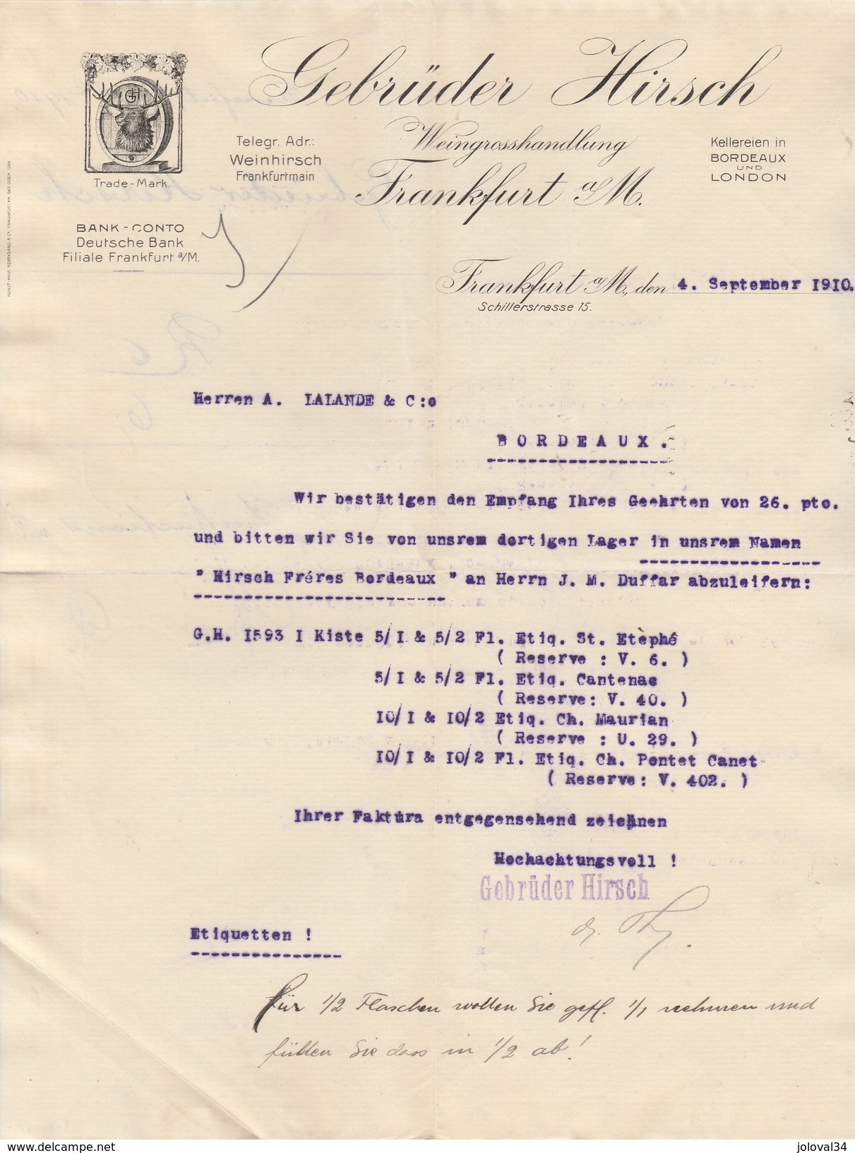 Lettre Illustrée Tête De Cerf 4/9/1910 GEBRÜDER HIRSCH  FRANKFURT Am Main Allemagne - Vin - 1900 – 1949