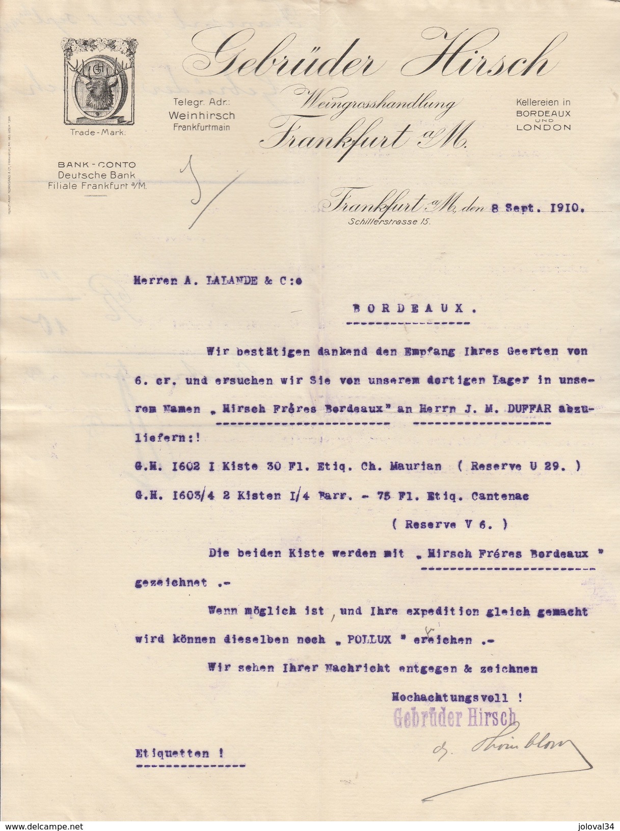 Lettre Illustrée Tête De Cerf 8/9/1910 GEBRÜDER HIRSCH  FRANKFURT Am Main Allemagne - Vin - 1900 – 1949