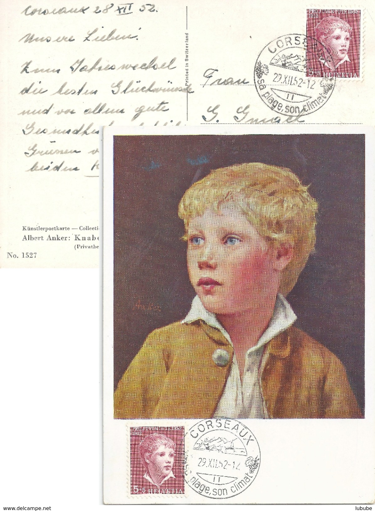 Maxikarte  "Knabenkopf - Albert Anker"  (Stempel CORSEAUX)             1952 - Storia Postale