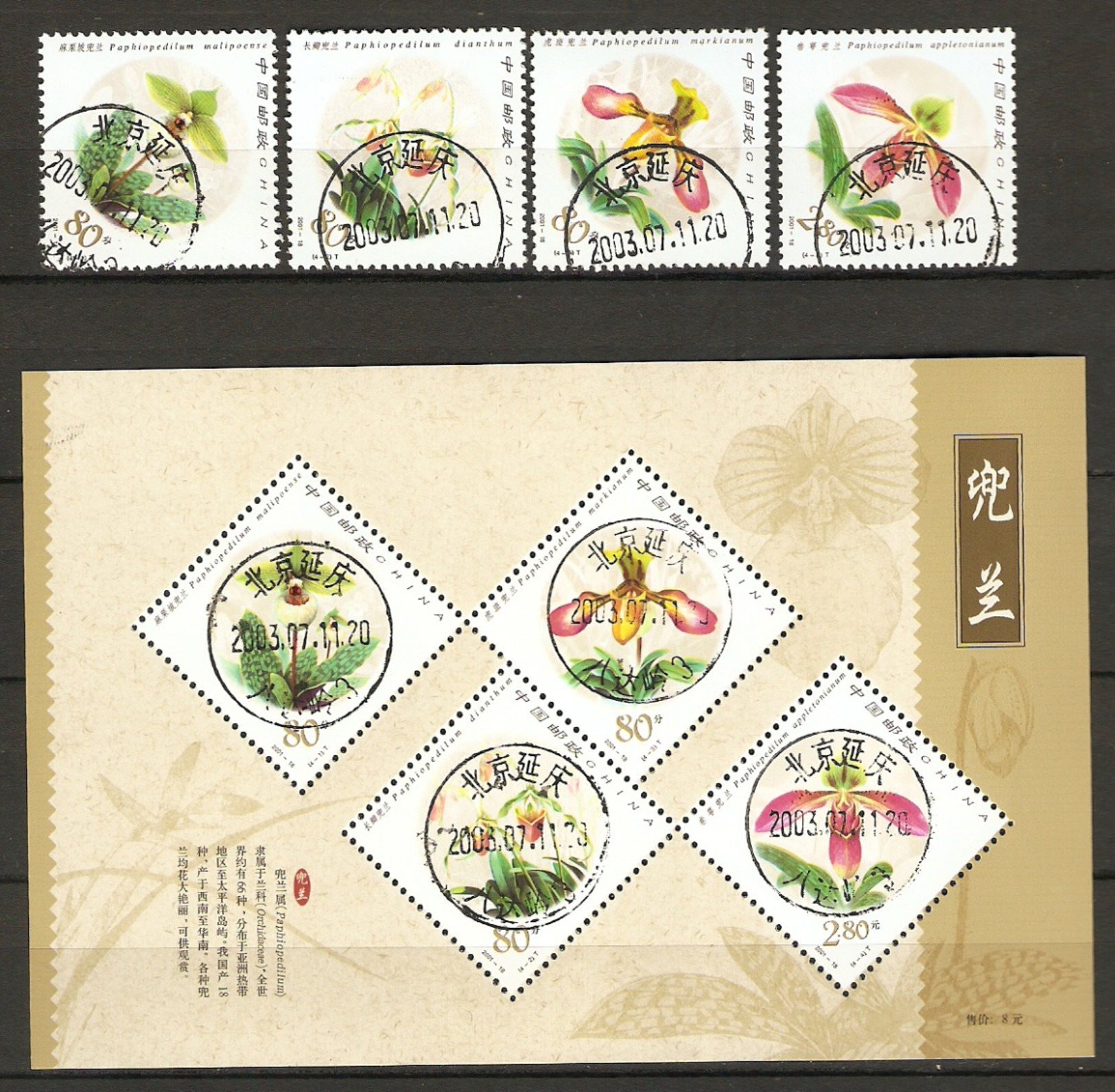 China (VR) 2001  Mi. 3277-3280 + Bl. 100  O/used    Orchideen - Gebraucht