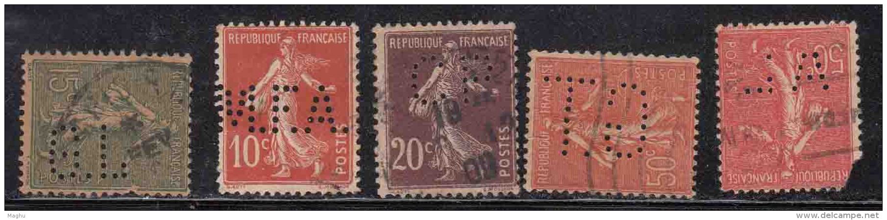 5 Diff., Perfins, France Perfin, Used, - Sonstige & Ohne Zuordnung